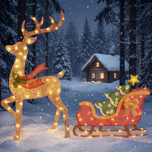 Lighted reindeer and sleigh - lighted,